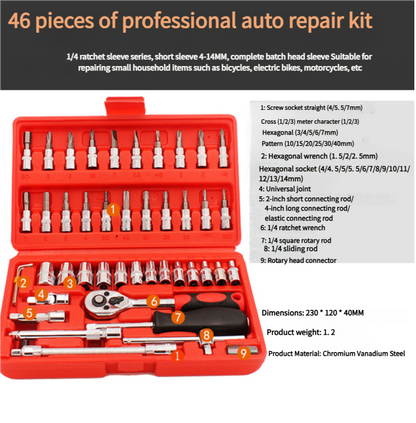 NNEDSZ 46-Piece Professional Socket Wrench Set - 1/4 Drive, Chrome Vanadium Steel, Ratchet & Bit Kit for Automotive and Household Repairs Black Box
